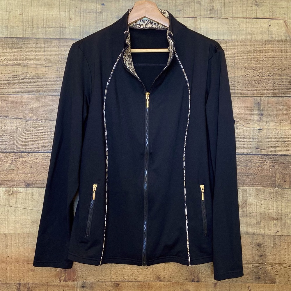Black Zip-Up Athletic Jacket w/Leopard Trim by NEIMAN MARCUS - Picture 5 of 15